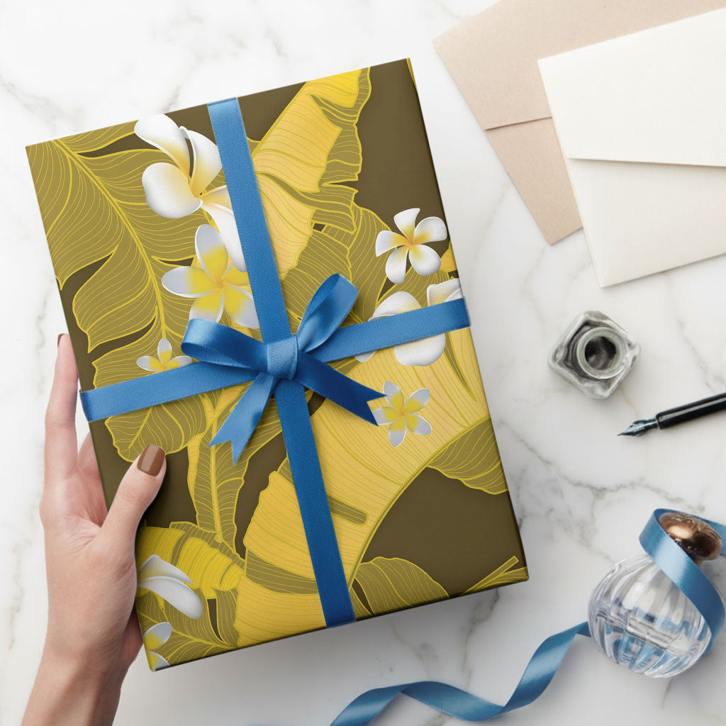Yellow Banana Leaf Hawaii Wrapping Paper Lau Maia Plumeria Tropical Summer Vibes