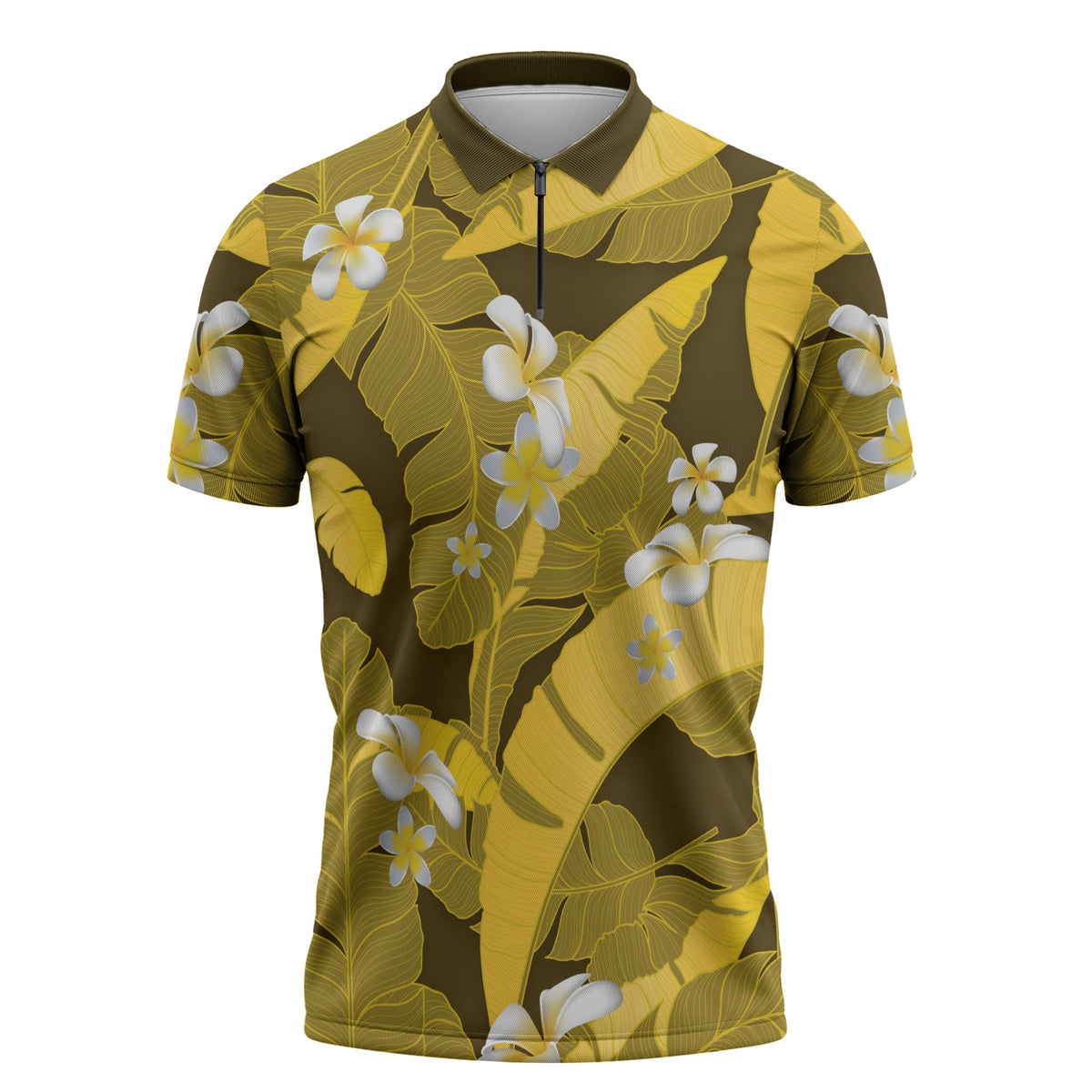 Yellow Banana Leaf Hawaii Zipper Polo Shirt Lau Maia Plumeria Tropical Summer Vibes