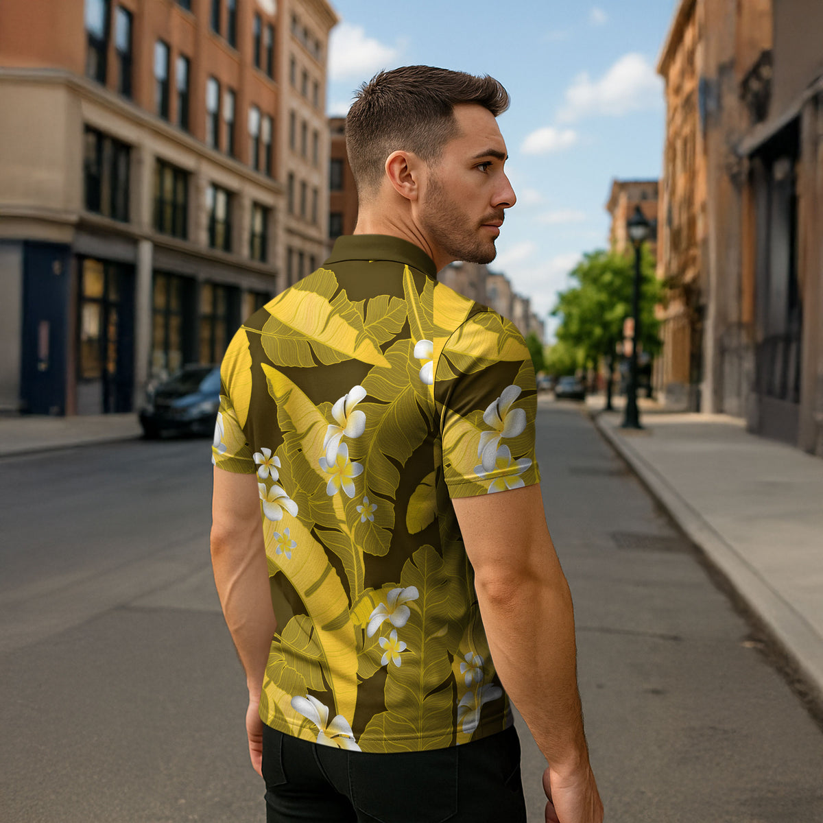Yellow Banana Leaf Hawaii Zipper Polo Shirt Lau Maia Plumeria Tropical Summer Vibes