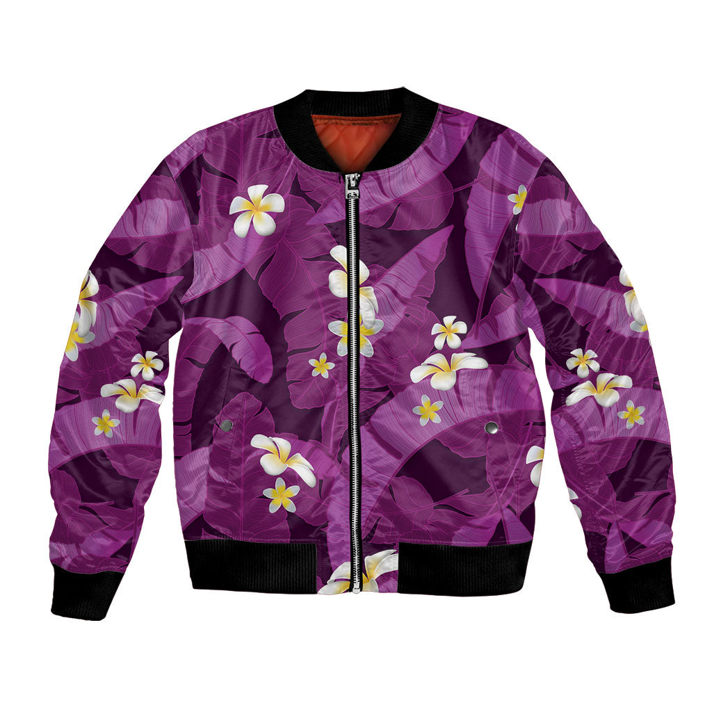 Purple Banana Leaf Hawaii Bomber Jacket Lau Maia Plumeria Tropical Summer Vibes