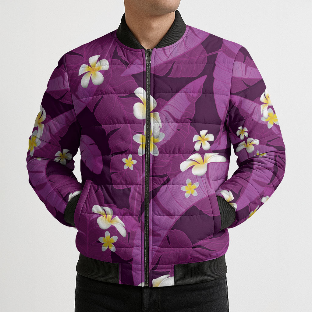 Purple Banana Leaf Hawaii Bomber Puffer Jacket Lau Maia Plumeria Tropical Summer Vibes