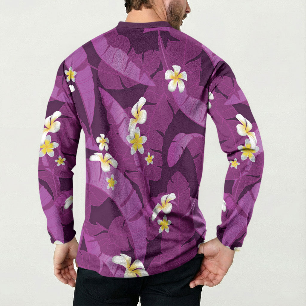 Purple Banana Leaf Hawaii Button Sweatshirt Lau Maia Plumeria Tropical Summer Vibes