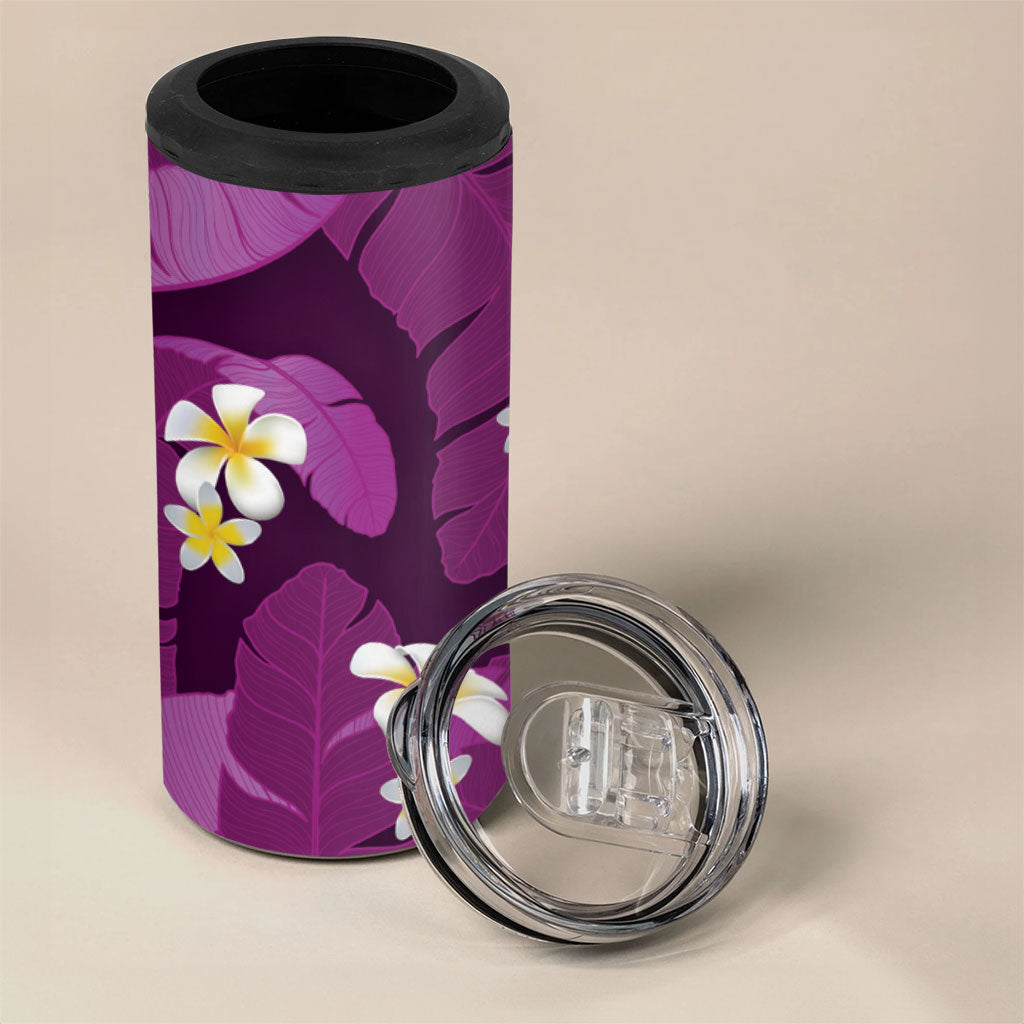 Purple Banana Leaf Hawaii 4 in 1 Can Cooler Tumbler Lau Maia Plumeria Tropical Summer Vibes