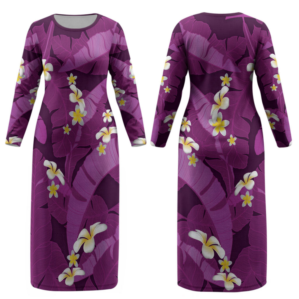 Purple Banana Leaf Hawaii Couples Matching Long Sleeve Bodycon Dress and Hawaiian Shirt Lau Maia Plumeria Tropical Summer Vibes