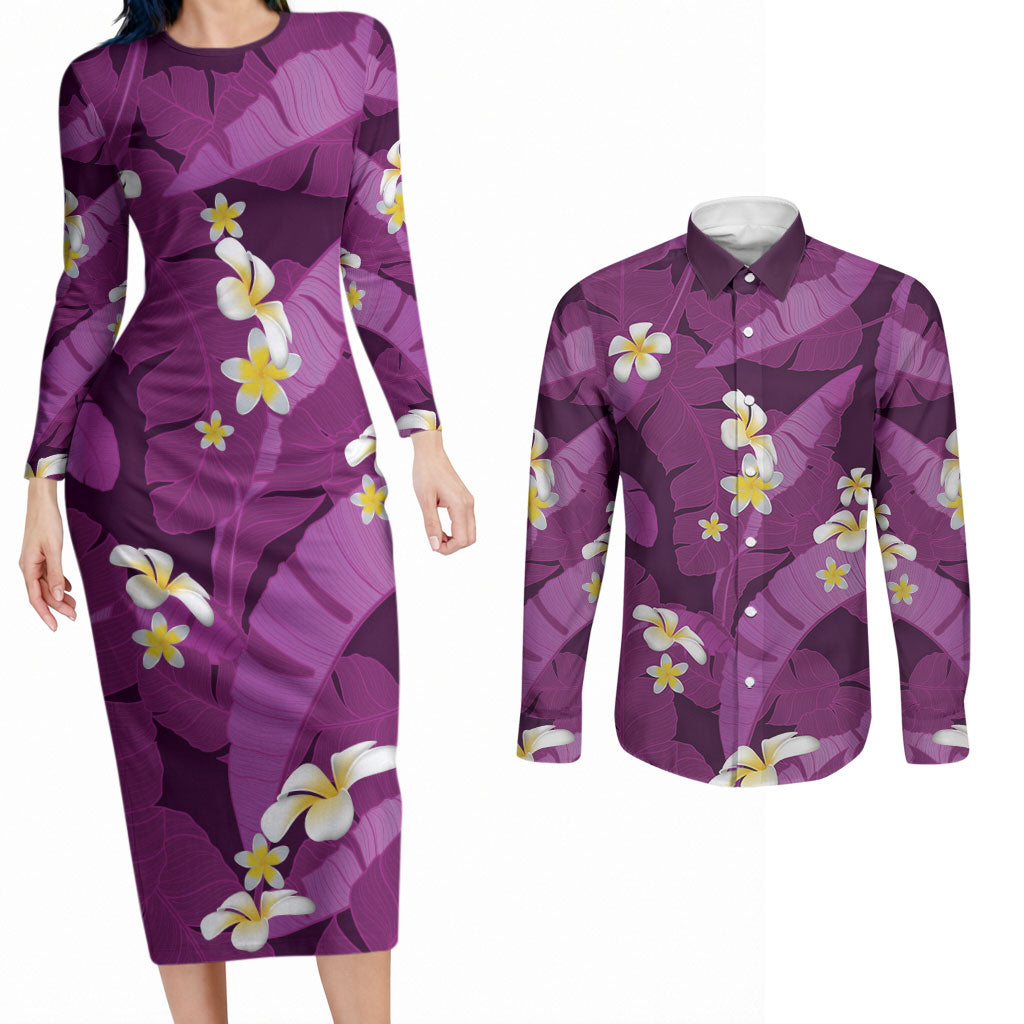 Purple Banana Leaf Hawaii Couples Matching Long Sleeve Bodycon Dress and Long Sleeve Button Shirt Lau Maia Plumeria Tropical Summer Vibes