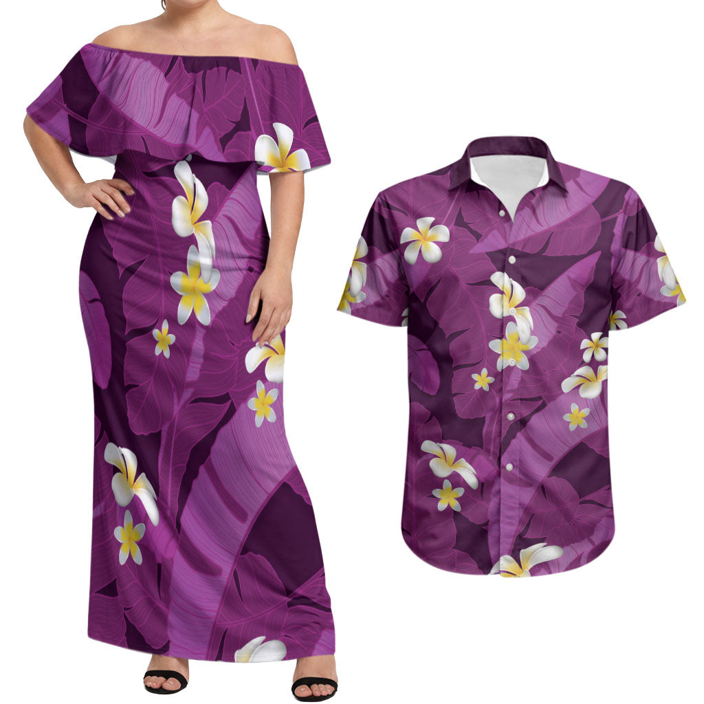 Purple Banana Leaf Hawaii Couples Matching Off Shoulder Maxi Dress and Hawaiian Shirt Lau Maia Plumeria Tropical Summer Vibes