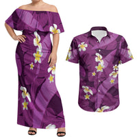 Purple Banana Leaf Hawaii Couples Matching Off Shoulder Maxi Dress and Hawaiian Shirt Lau Maia Plumeria Tropical Summer Vibes