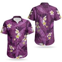 Purple Banana Leaf Hawaii Couples Matching Off Shoulder Maxi Dress and Hawaiian Shirt Lau Maia Plumeria Tropical Summer Vibes