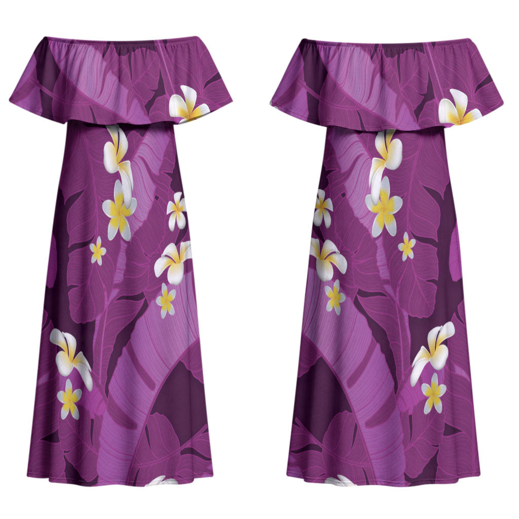Purple Banana Leaf Hawaii Couples Matching Off Shoulder Maxi Dress and Hawaiian Shirt Lau Maia Plumeria Tropical Summer Vibes