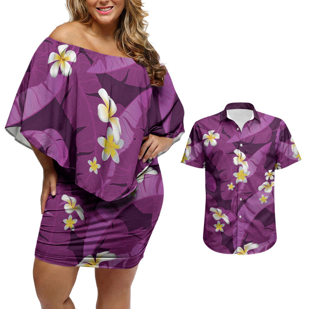 Purple Banana Leaf Hawaii Couples Matching Off Shoulder Short Dress and Hawaiian Shirt Lau Maia Plumeria Tropical Summer Vibes