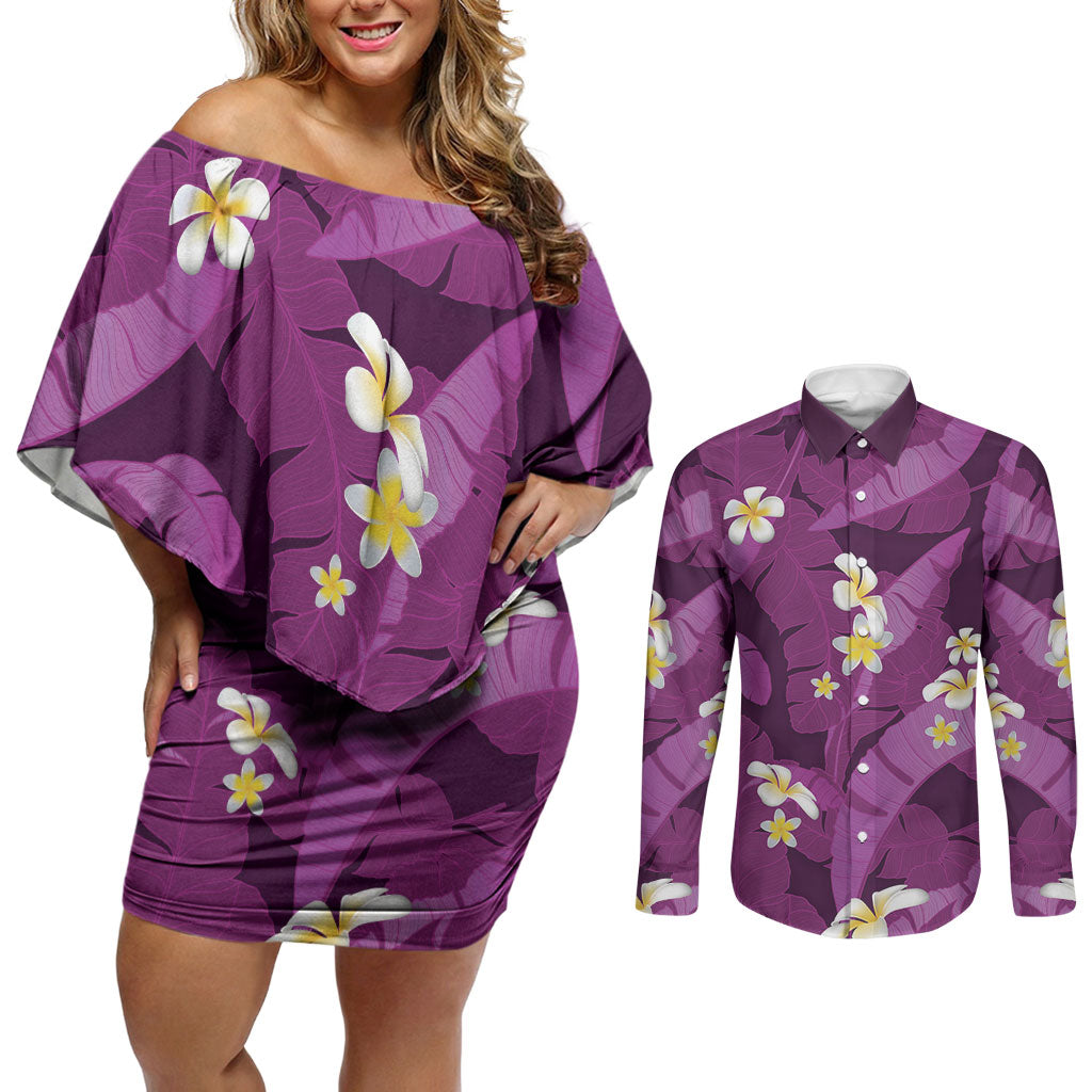 Purple Banana Leaf Hawaii Couples Matching Off Shoulder Short Dress and Long Sleeve Button Shirt Lau Maia Plumeria Tropical Summer Vibes