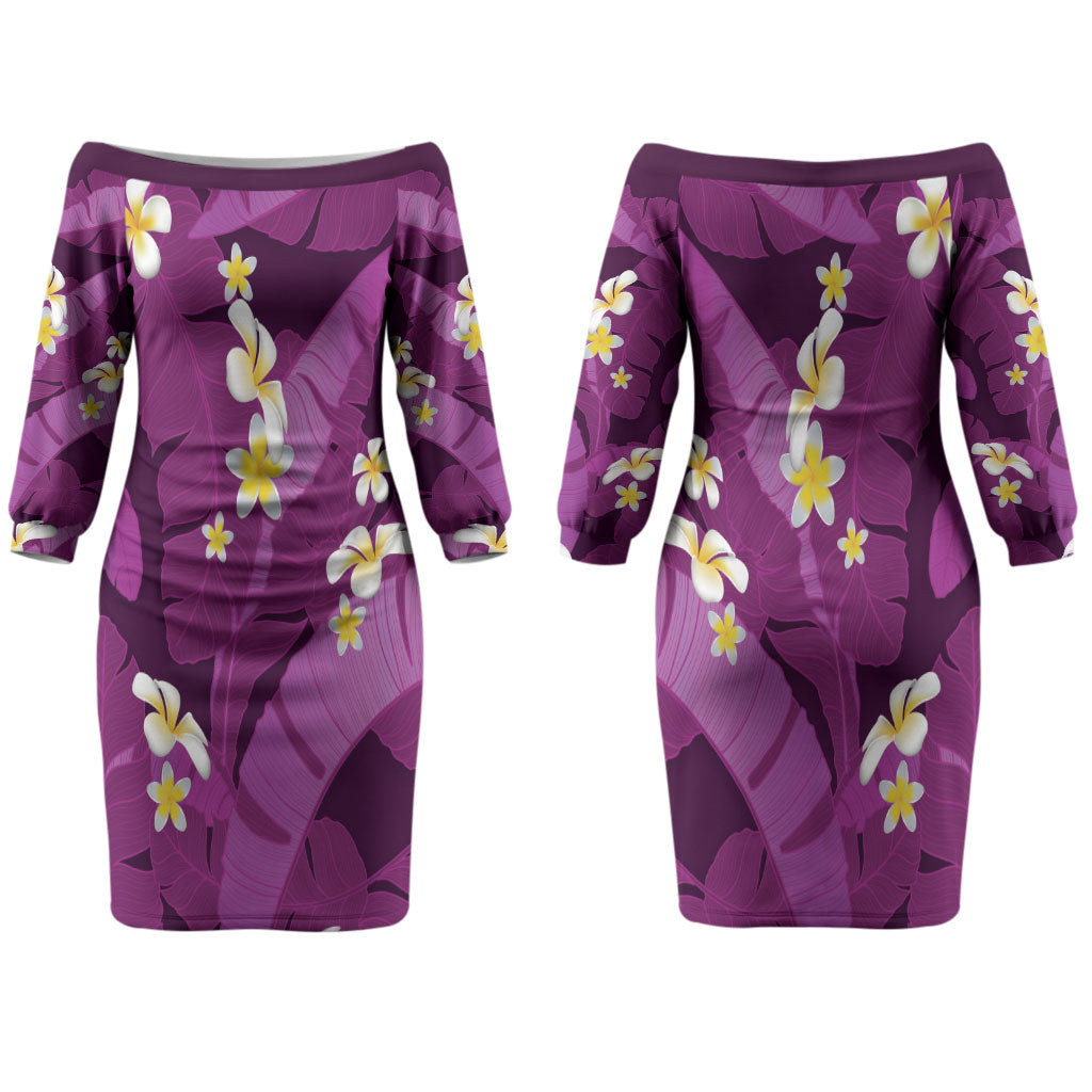 Purple Banana Leaf Hawaii Couples Matching Off The Shoulder Long Sleeve Dress and Hawaiian Shirt Lau Maia Plumeria Tropical Summer Vibes