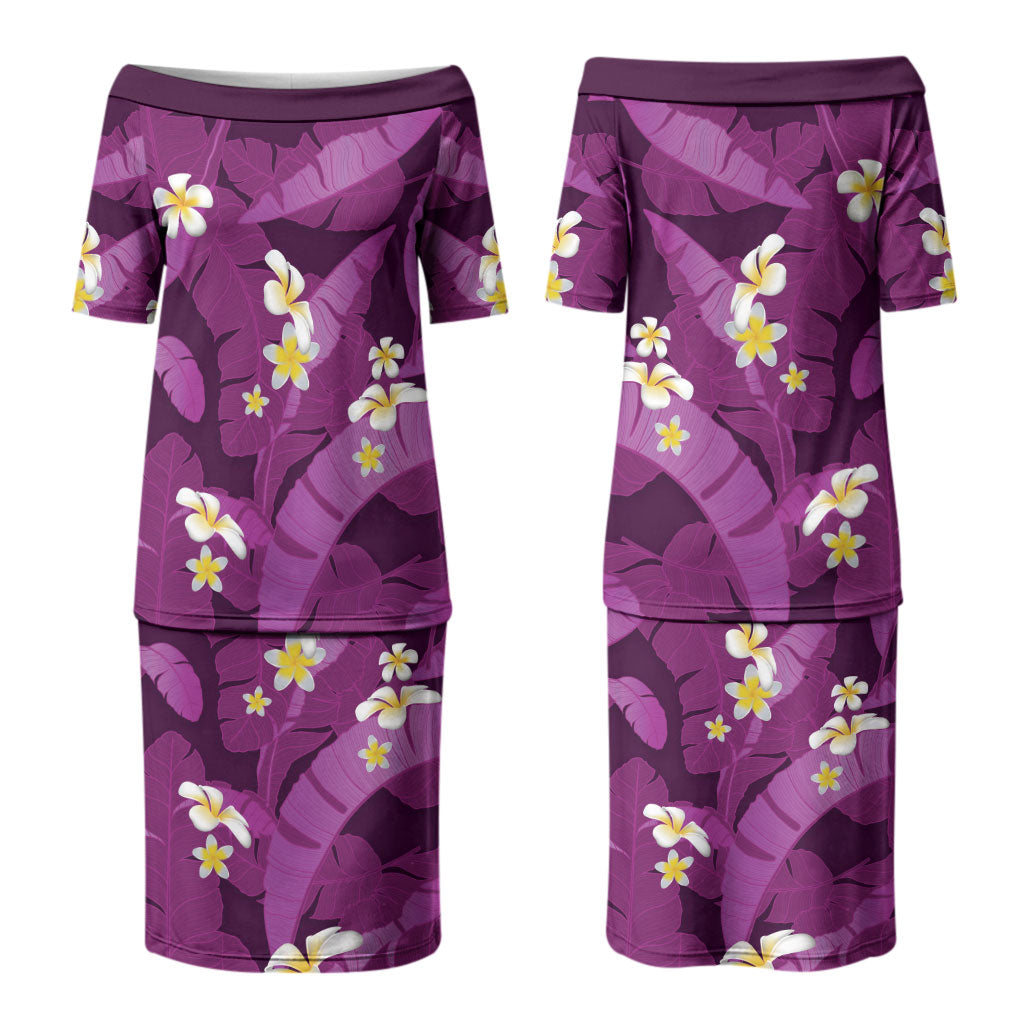 Purple Banana Leaf Hawaii Couples Matching Puletasi and Hawaiian Shirt Lau Maia Plumeria Tropical Summer Vibes