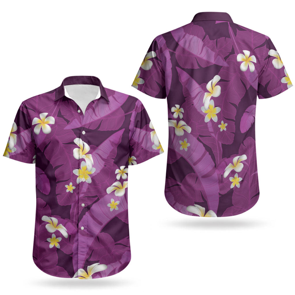 Purple Banana Leaf Hawaii Couples Matching Short Sleeve Bodycon Dress and Hawaiian Shirt Lau Maia Plumeria Tropical Summer Vibes