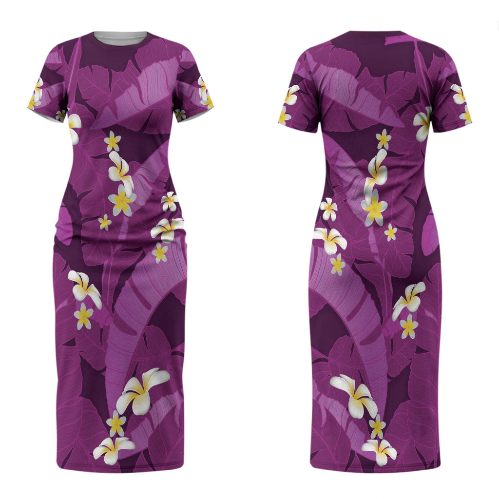 Purple Banana Leaf Hawaii Couples Matching Short Sleeve Bodycon Dress and Hawaiian Shirt Lau Maia Plumeria Tropical Summer Vibes