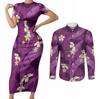 Purple Banana Leaf Hawaii Couples Matching Short Sleeve Bodycon Dress and Long Sleeve Button Shirt Lau Maia Plumeria Tropical Summer Vibes