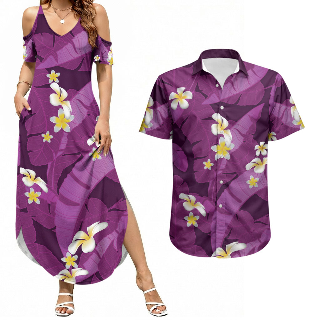 Purple Banana Leaf Hawaii Couples Matching Summer Maxi Dress and Hawaiian Shirt Lau Maia Plumeria Tropical Summer Vibes