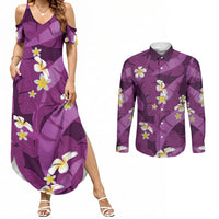 Purple Banana Leaf Hawaii Couples Matching Summer Maxi Dress and Long Sleeve Button Shirt Lau Maia Plumeria Tropical Summer Vibes
