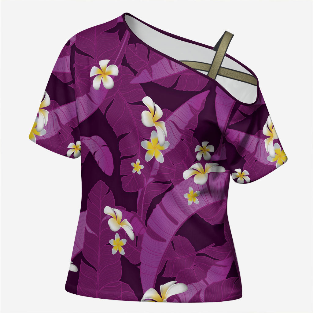 Purple Banana Leaf Hawaii Cross Shoulder Shirt Lau Maia Plumeria Tropical Summer Vibes LT14 Female Purple - Polynesian Pride