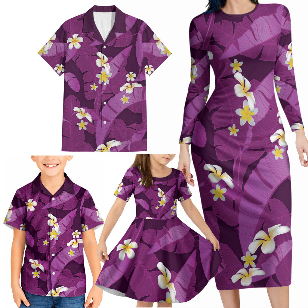 Purple Banana Leaf Hawaii Family Matching Long Sleeve Bodycon Dress and Hawaiian Shirt Lau Maia Plumeria Tropical Summer Vibes