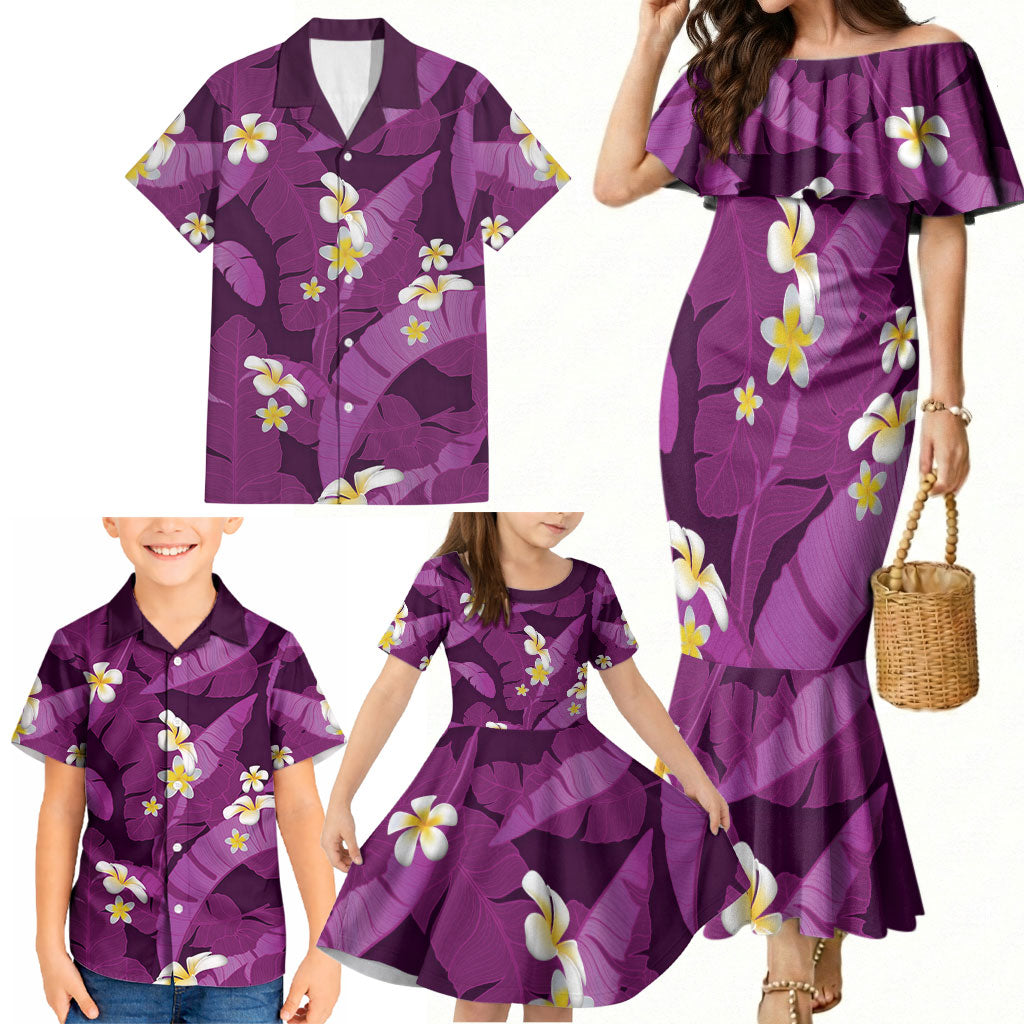 Purple Banana Leaf Hawaii Family Matching Mermaid Dress and Hawaiian Shirt Lau Maia Plumeria Tropical Summer Vibes