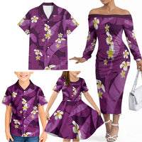 Purple Banana Leaf Hawaii Family Matching Off The Shoulder Long Sleeve Dress and Hawaiian Shirt Lau Maia Plumeria Tropical Summer Vibes