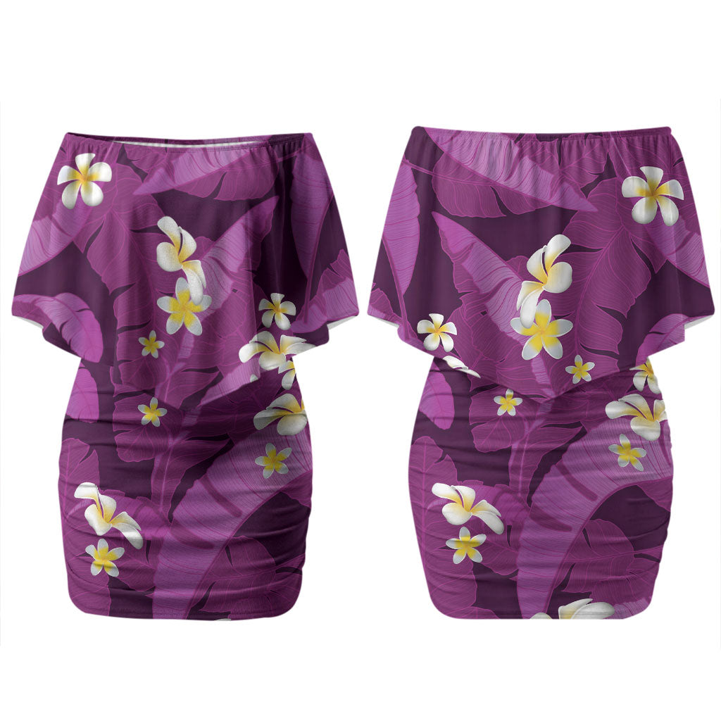 Purple Banana Leaf Hawaii Family Matching Off Shoulder Short Dress and Hawaiian Shirt Lau Maia Plumeria Tropical Summer Vibes