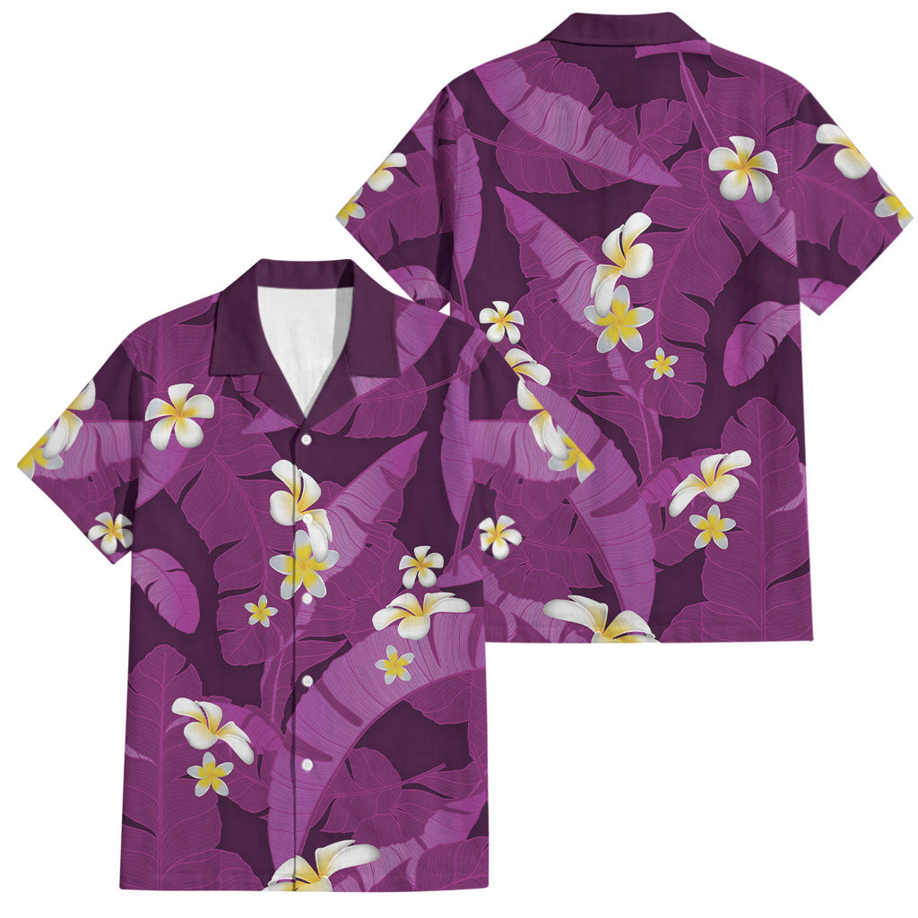 Purple Banana Leaf Hawaii Family Matching Off Shoulder Short Dress and Hawaiian Shirt Lau Maia Plumeria Tropical Summer Vibes