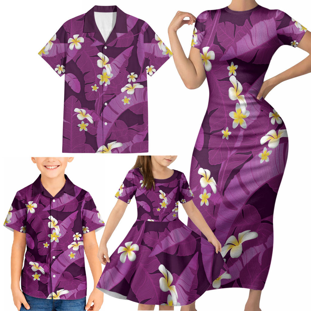 Purple Banana Leaf Hawaii Family Matching Short Sleeve Bodycon Dress and Hawaiian Shirt Lau Maia Plumeria Tropical Summer Vibes