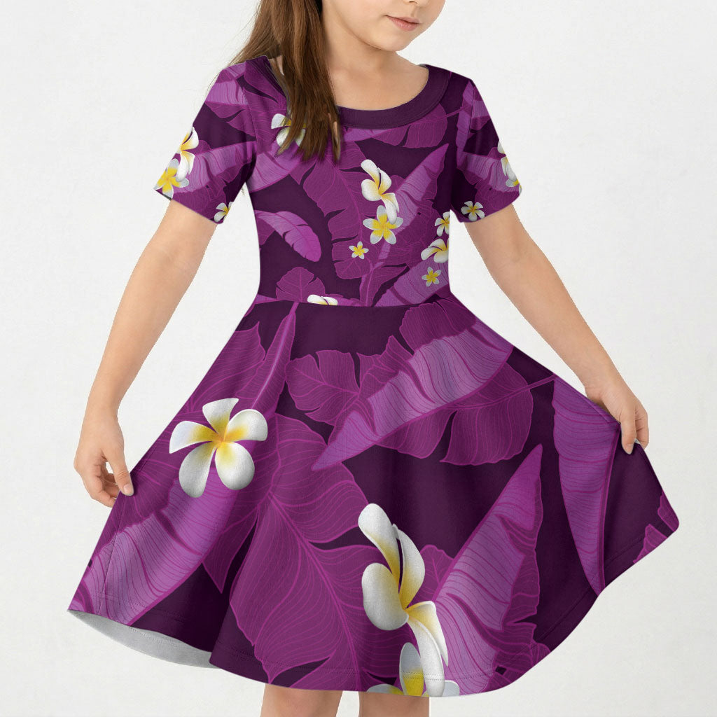 Purple Banana Leaf Hawaii Kid Short Sleeve Dress Lau Maia Plumeria Tropical Summer Vibes