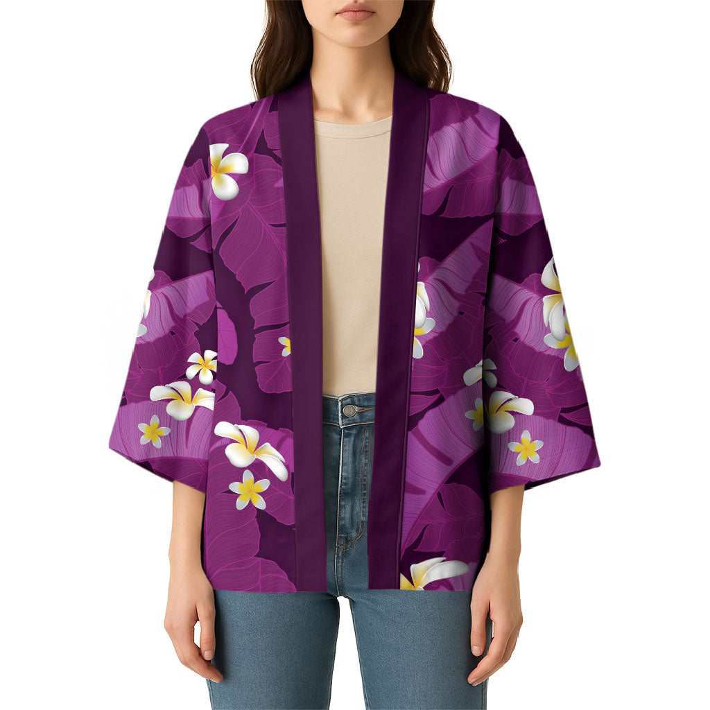 Purple Banana Leaf Hawaii Kimono Lau Maia Plumeria Tropical Summer Vibes