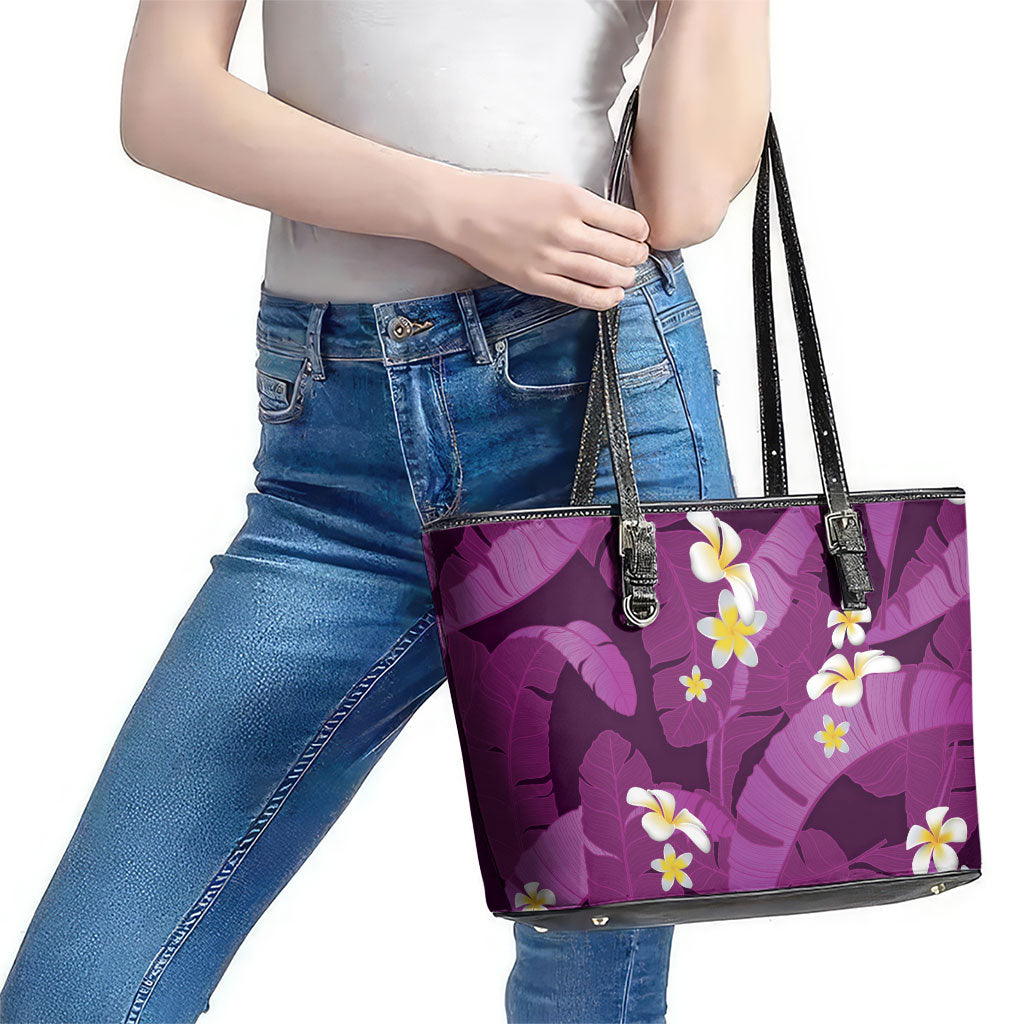 Purple Banana Leaf Hawaii Leather Tote Bag Lau Maia Plumeria Tropical Summer Vibes