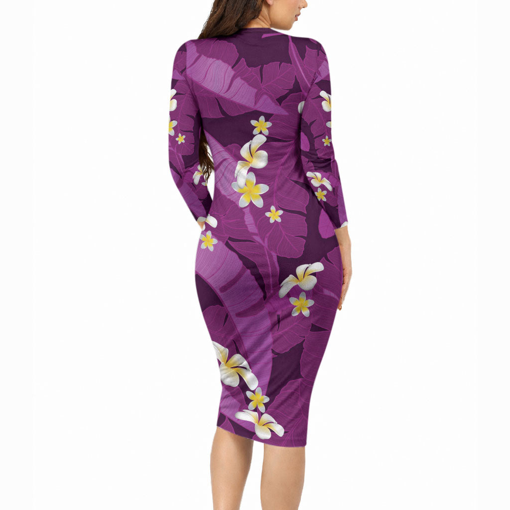 Purple Banana Leaf Hawaii Long Sleeve Bodycon Dress Lau Maia Plumeria Tropical Summer Vibes