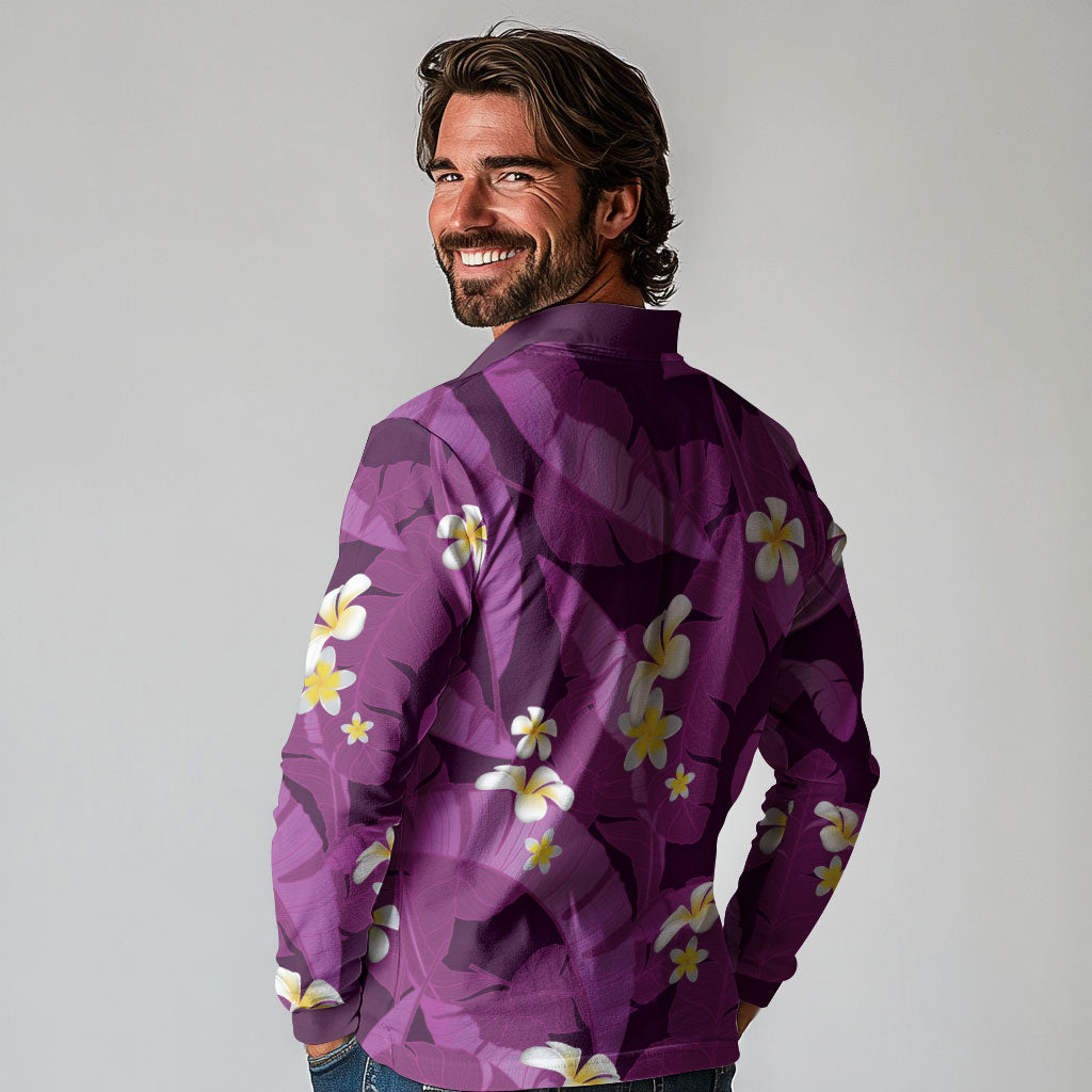 Purple Banana Leaf Hawaii Long Sleeve Polo Shirt Lau Maia Plumeria Tropical Summer Vibes
