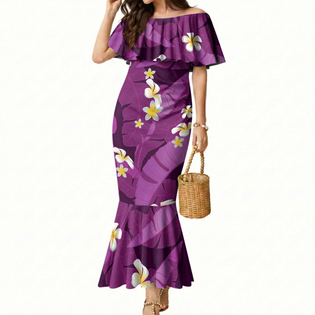 Purple Banana Leaf Hawaii Mermaid Dress Lau Maia Plumeria Tropical Summer Vibes