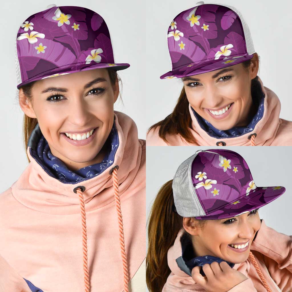 Purple Banana Leaf Hawaii Mesh Trucker Cap Lau Maia Plumeria Tropical Summer Vibes