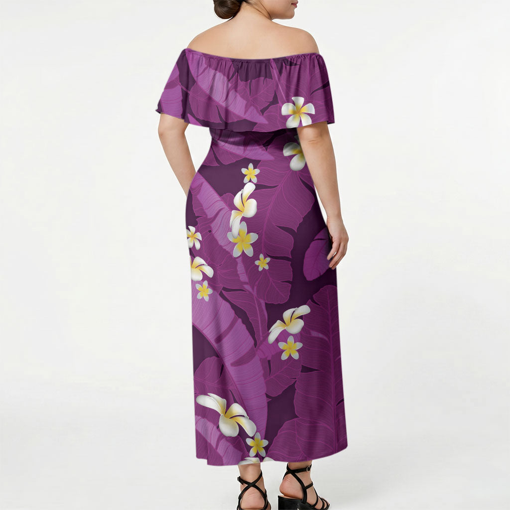 Purple Banana Leaf Hawaii Off Shoulder Maxi Dress Lau Maia Plumeria Tropical Summer Vibes