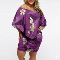 Purple Banana Leaf Hawaii Off Shoulder Short Dress Lau Maia Plumeria Tropical Summer Vibes