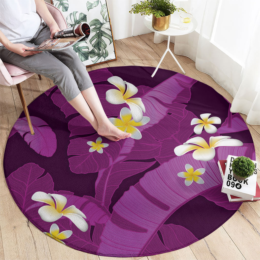 Purple Banana Leaf Hawaii Round Carpet Lau Maia Plumeria Tropical Summer Vibes