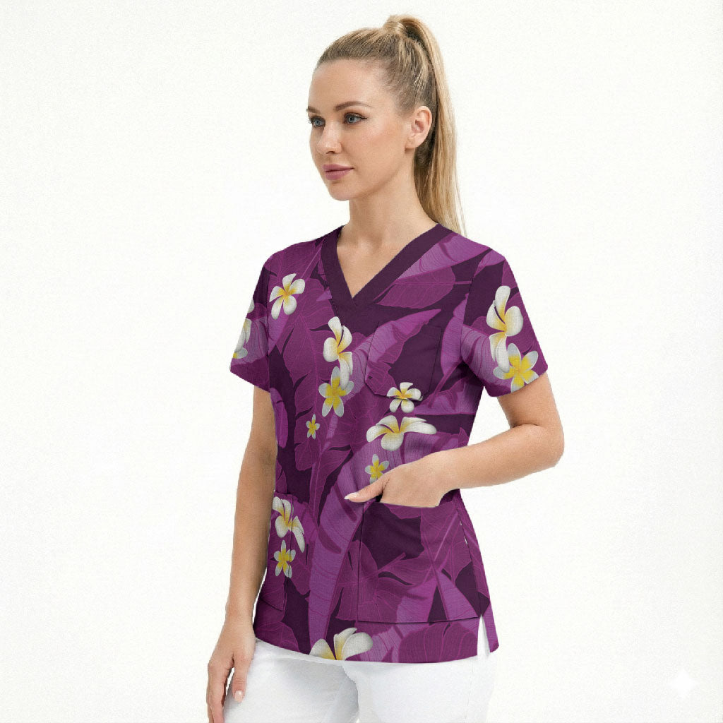 Purple Banana Leaf Hawaii Scrub Top Lau Maia Plumeria Tropical Summer Vibes