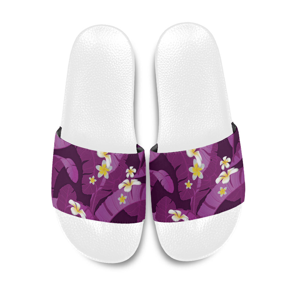 Purple Banana Leaf Hawaii Slide Sandals Lau Maia Plumeria Tropical Summer Vibes