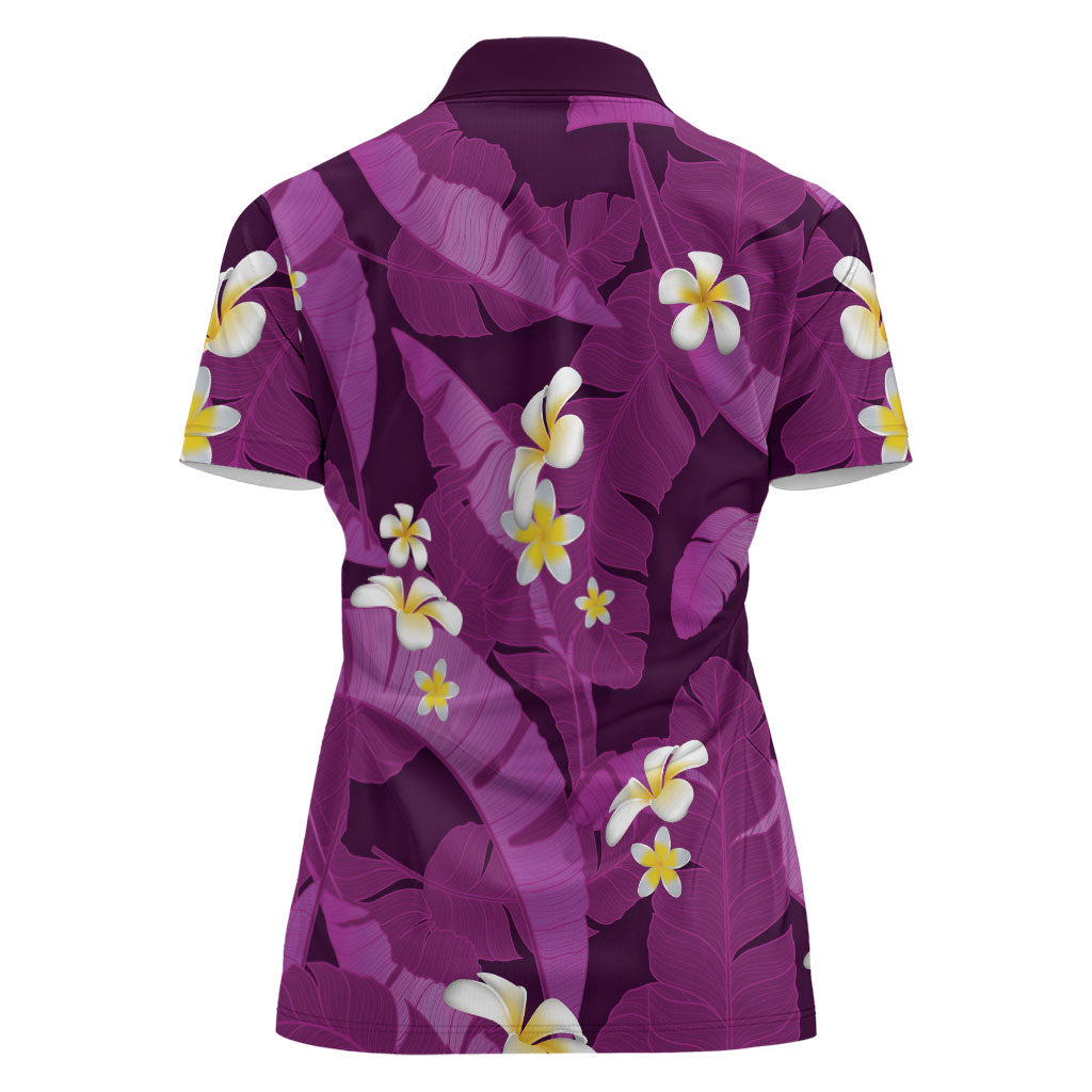 Purple Banana Leaf Hawaii Women Polo Shirt Lau Maia Plumeria Tropical Summer Vibes