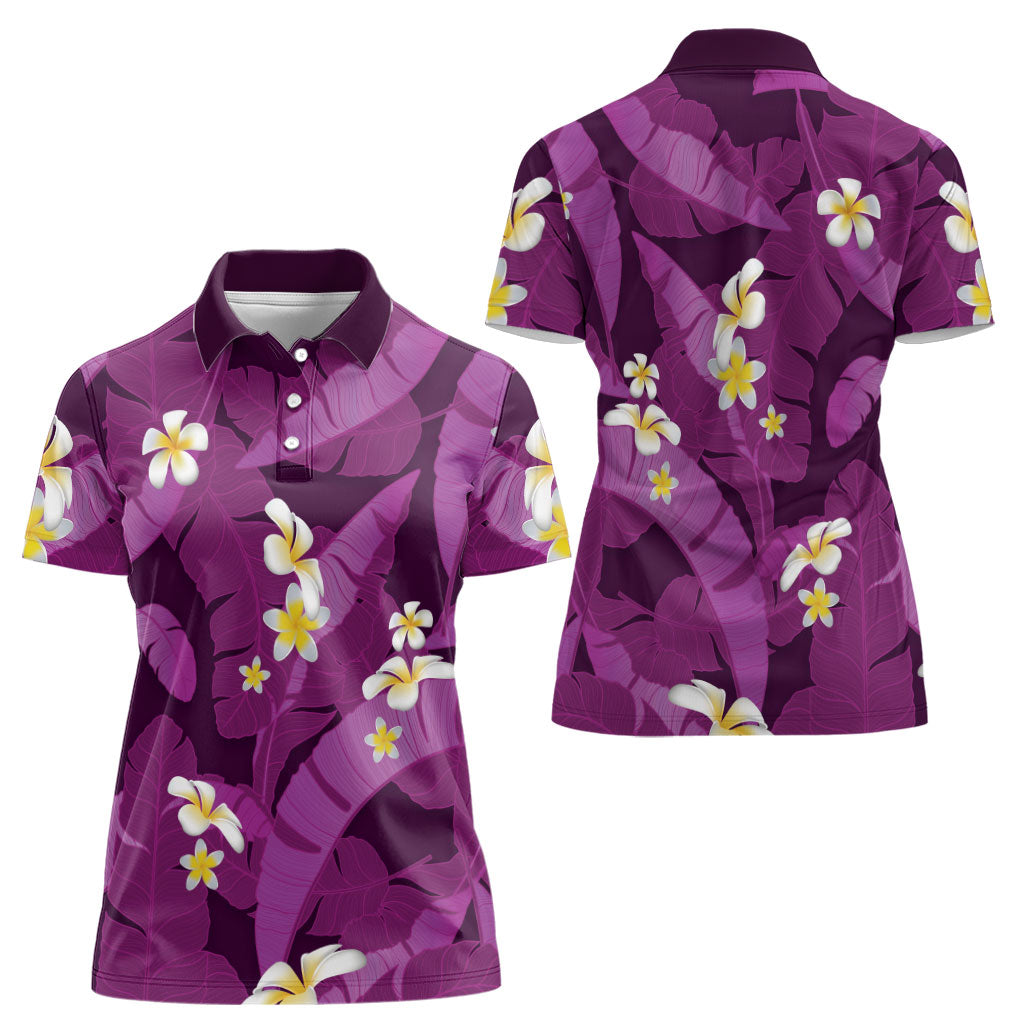 Purple Banana Leaf Hawaii Women Polo Shirt Lau Maia Plumeria Tropical Summer Vibes