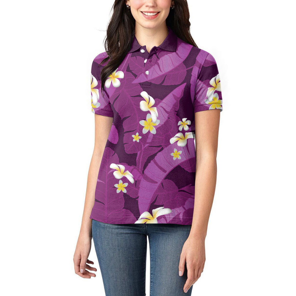 Purple Banana Leaf Hawaii Women Polo Shirt Lau Maia Plumeria Tropical Summer Vibes