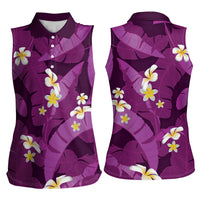 Purple Banana Leaf Hawaii Women Sleeveless Polo Shirt Lau Maia Plumeria Tropical Summer Vibes
