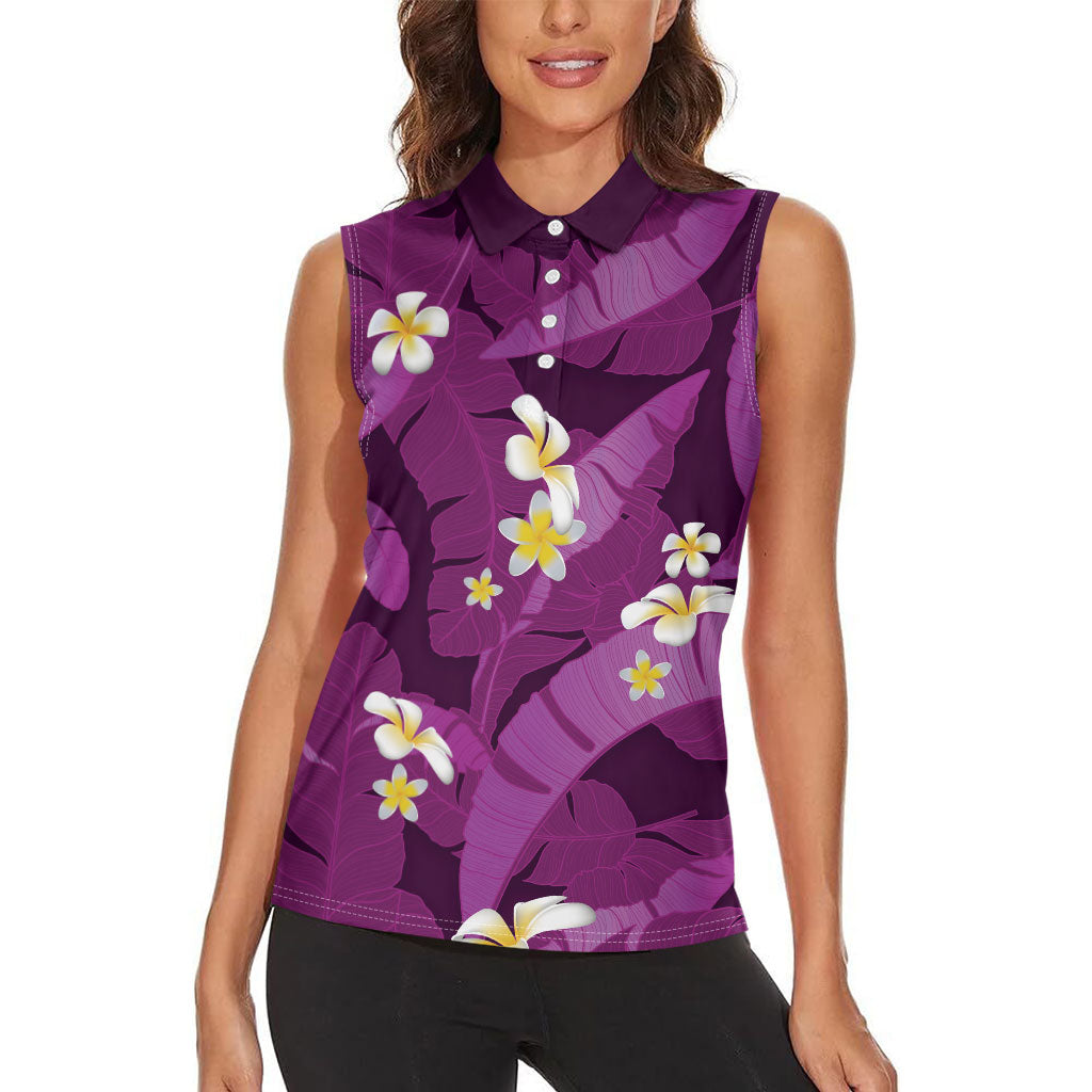 Purple Banana Leaf Hawaii Women Sleeveless Polo Shirt Lau Maia Plumeria Tropical Summer Vibes