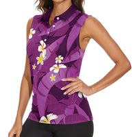 Purple Banana Leaf Hawaii Women Sleeveless Polo Shirt Lau Maia Plumeria Tropical Summer Vibes