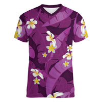 Purple Banana Leaf Hawaii Women V-Neck T-Shirt Lau Maia Plumeria Tropical Summer Vibes
