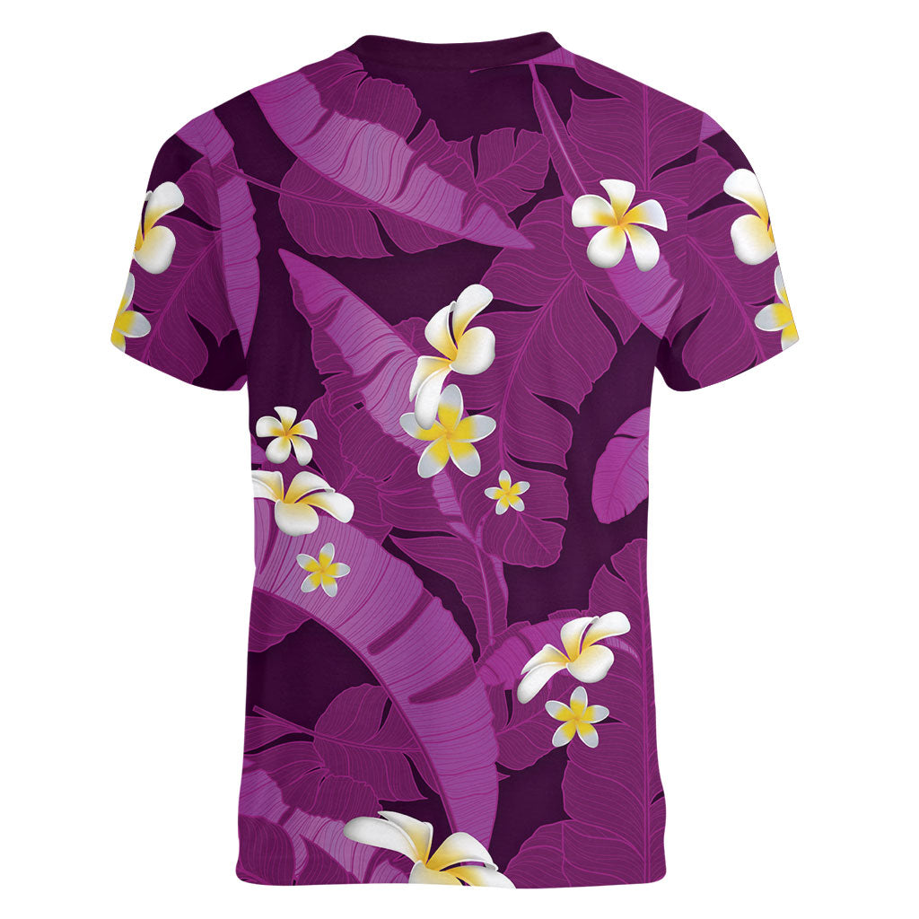 Purple Banana Leaf Hawaii Women V-Neck T-Shirt Lau Maia Plumeria Tropical Summer Vibes