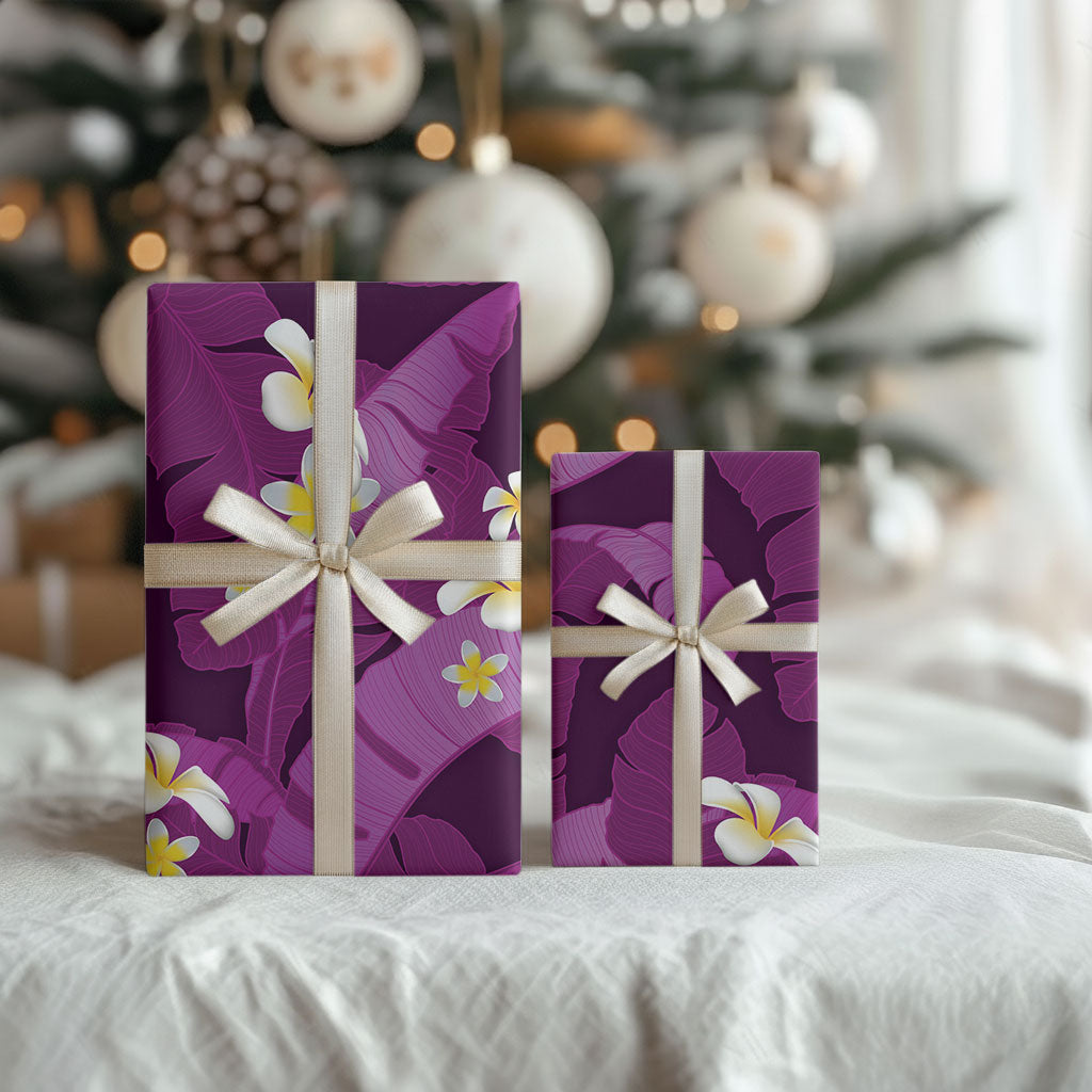 Purple Banana Leaf Hawaii Wrapping Paper Lau Maia Plumeria Tropical Summer Vibes